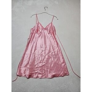 ADONNA Short‎ Gown Lingerie Adjustable Straps Pink W/lace/Dots   Satin Retro Med